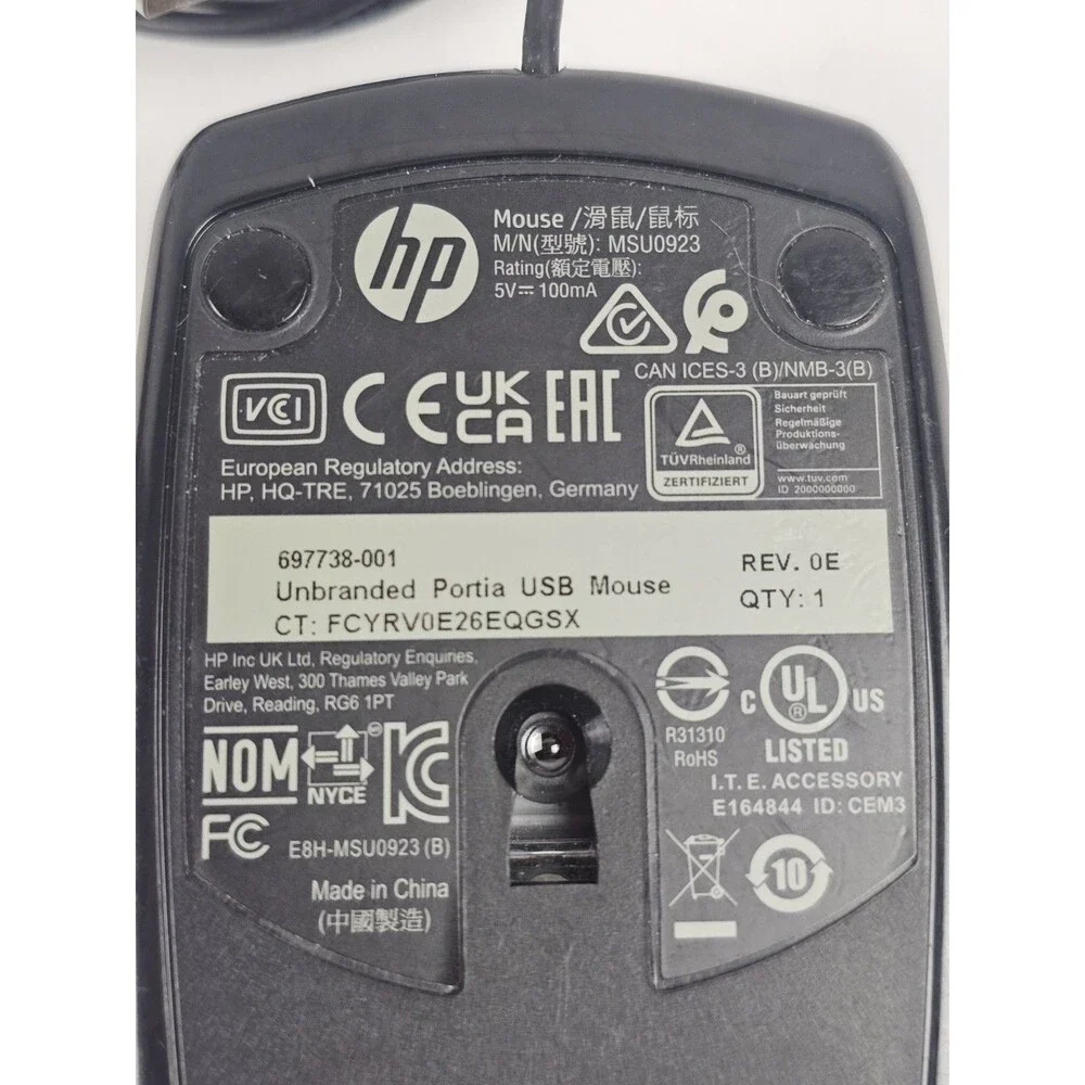 HP Unbranded Portia USB Wired Optical Mouse Black MSU0923 Tested Works